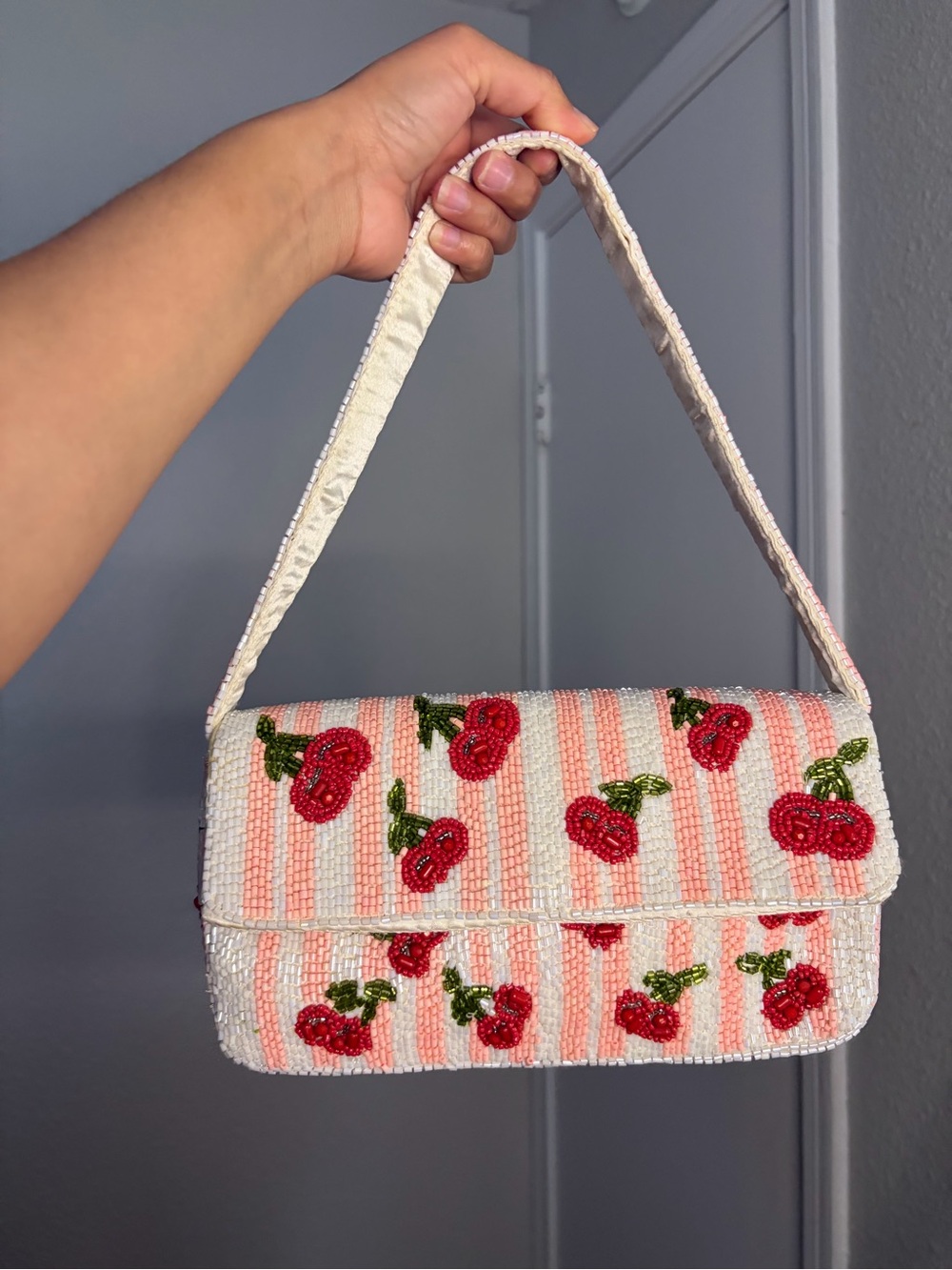 Pink Beaded Cherry Stripe Shoulder Bag